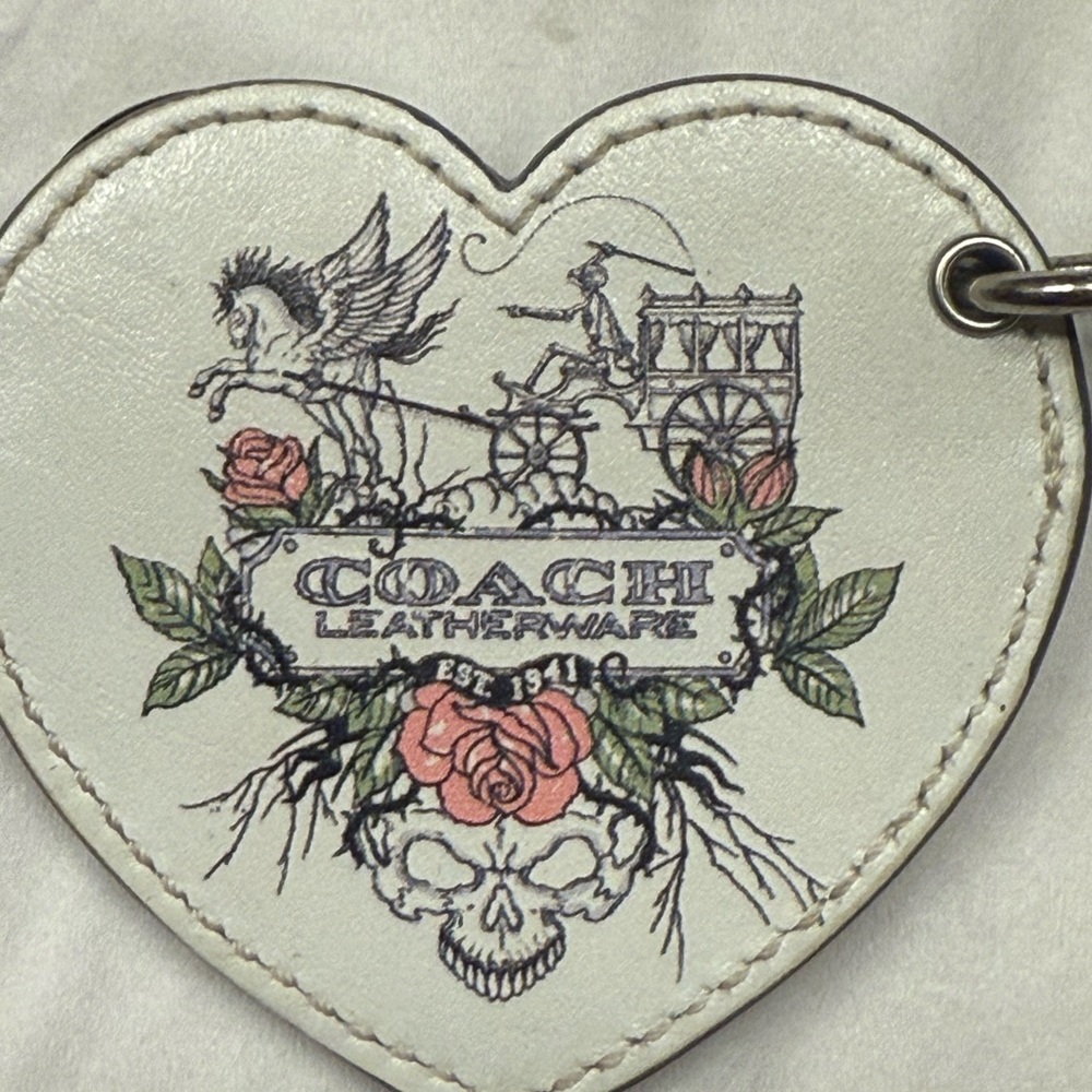 Coach White Heart Leather Keychain